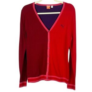Puma Cotton Vivid Red Pink Purple V-Neck Button-Up Medium Knit Cardigan Sweater